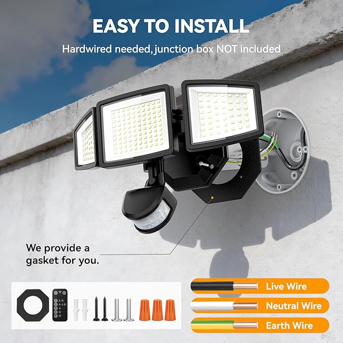 LED Security Lights Motion Sensor Light Outdoor 7000LM 6500K Waterproof Flood Light Outdoor Motion Detector with Adjustable 3 Head Hardwired Wall Light for Entryway Yard Garage