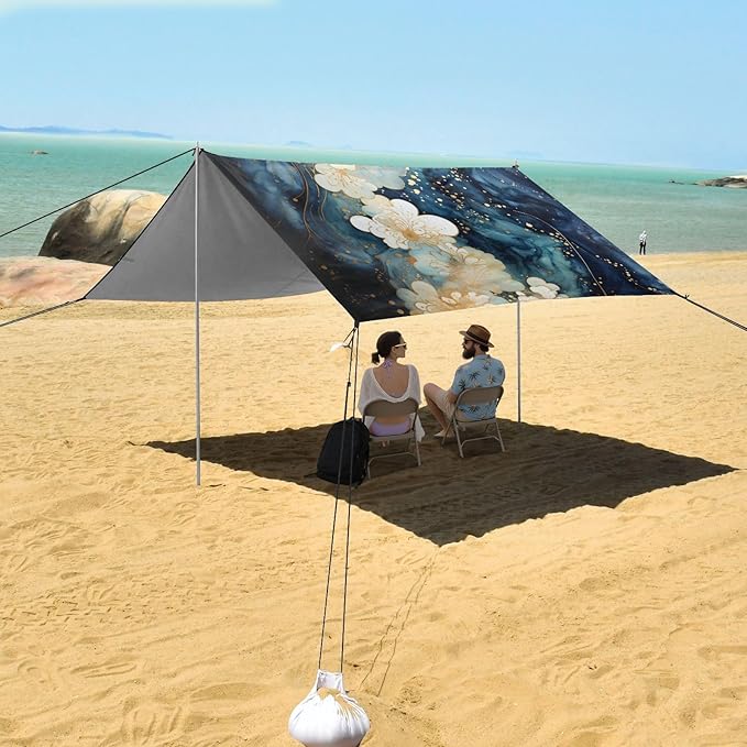 ALAZA Flowers Blue Marble Beach Tent Sun Shelter UPF50+ Protection Beach Shade Canopy w/ 4 Sandbags for Outdoor Camping Fishing Backyard Fun Picnic 10x9 ft