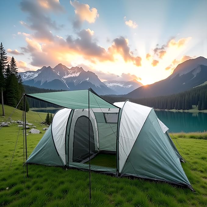 Large Camping Tent Family Tent 4~5 People 177 * 87 * 71 inches Waterproof Mesh Roof 2 Bedrooms and 1 Living Room (8 Person Grmy Green+Gray)