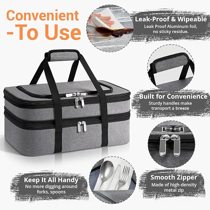 Double Insulated Casserole Carrier - Portable Casserole Carriers for Hot or Cold Food Lunch Tote Warmer or Cooler Bag for Potluck Parties Picnic Cookouts Fits 9 x 13 Baking Dish - Grey