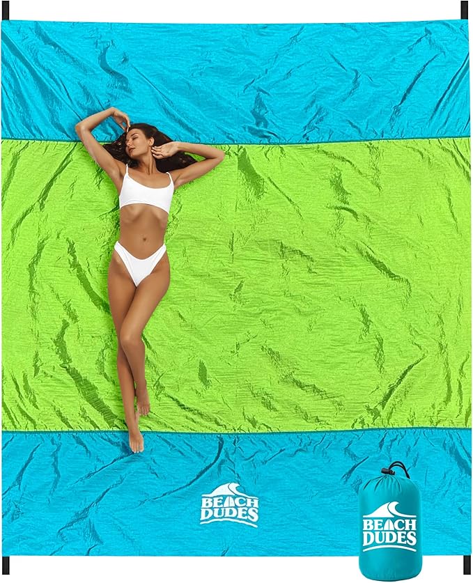 Green Spirit Oversized Beach Blanket - 108x84 XL Sandproof Water-Resistant Picnic Mat | Lightweight Ripstop Nylon for Travel &amp Camping | Includes 4 Stakes and Carry Bag