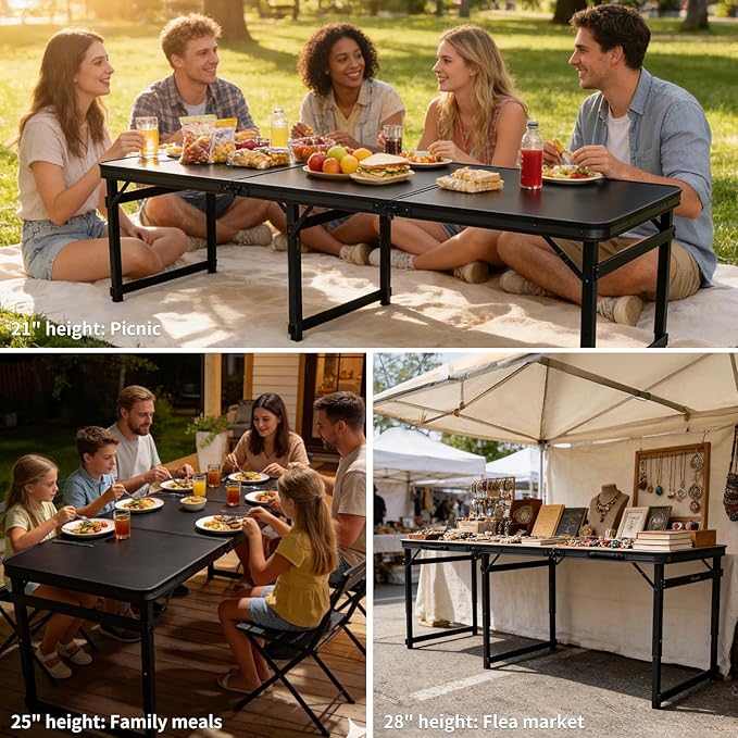 6FT x 2FT Folding Camping Table with Aluminum Alloy Legs Adjustable Height Portable Outdoor Picnic Table for Camping Travel Parties Kids Crafts and Market Vendor Use