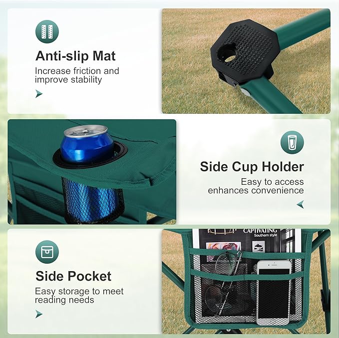 LET'S CAMP Camping Chair 2 Pack Folding Chair with 3-Can Cooler Bag Portable Lawn Chair with Cup HolderStorage Pocket Supports 225LBS Collapsible Chair for Camp Beach Picnic (Green)