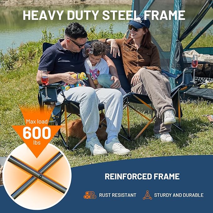 TIMBER RIDGE Oversized Double Camping Chairs Camping Couch 2 Person Camping Loveseat Double Folding Camp Chair with Wine Glass Holder Portable Chair for Outdoor Lawn Chairs Indoor Supports 600LBS