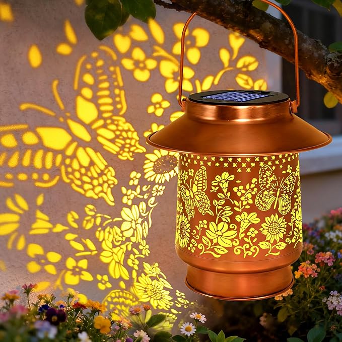 Butterfly Solar Lanterns Outdoor Garden Decor Butterfly Gifts for Women Mom Grandma Birthday Hanging Metal Solar Lights Waterproof Decoration for Garden Yard Lawn Patio