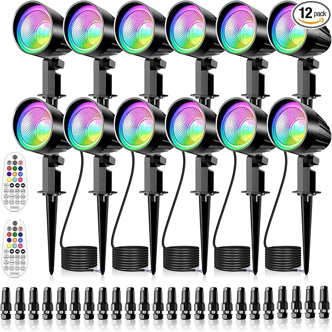 MEIKEE 15W RGBW Low Voltage Landscape Lights 12-24V LED Landscape Lighting Timer and Memory Dimmable Color Changing Outdoor Spotlights with Remote for Garden Path Christmas Halloween 12 Pack