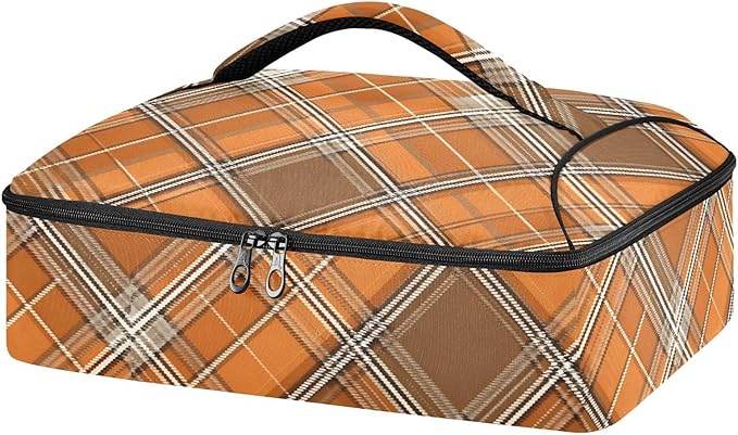 Casserole Carrier Orange and Brown Tartan Print Pattern Insulated Casserole Carrier for Hot or Cold Food Thermal Lunch Tote for Parties Picnic Travel Carry Bag