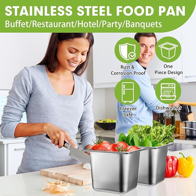 6 Pack Stainless Steel Hotel Pans with Lid 1/6 Size x 6 Deep Steam Table PAN 0.8 mm Thick Commercial Food Storage Containers Anti Jam Pan Stainless Steel Steamer Pan for Hotel Restaurant Buffet