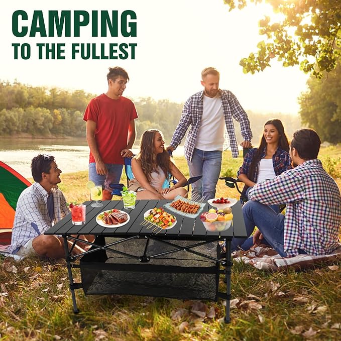 Portable Camping Table Outdoor Folding Table with Basket Storage and Carrying Bag Ultralight Aluminum Alloy Roll-up Top Design for Camping Picnic BBQ Beach Party