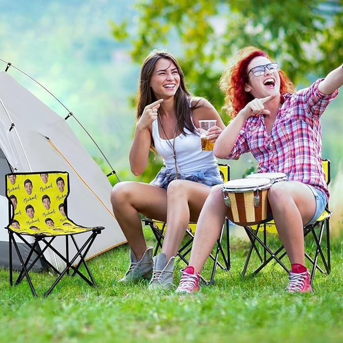 Sinestour Yellow Custom Photo Folding Camping Chair for Teen Child Personalized Name 14.6×14.6in Portable Outdoor Chair with Carry Bag for Beach Picnic Travel