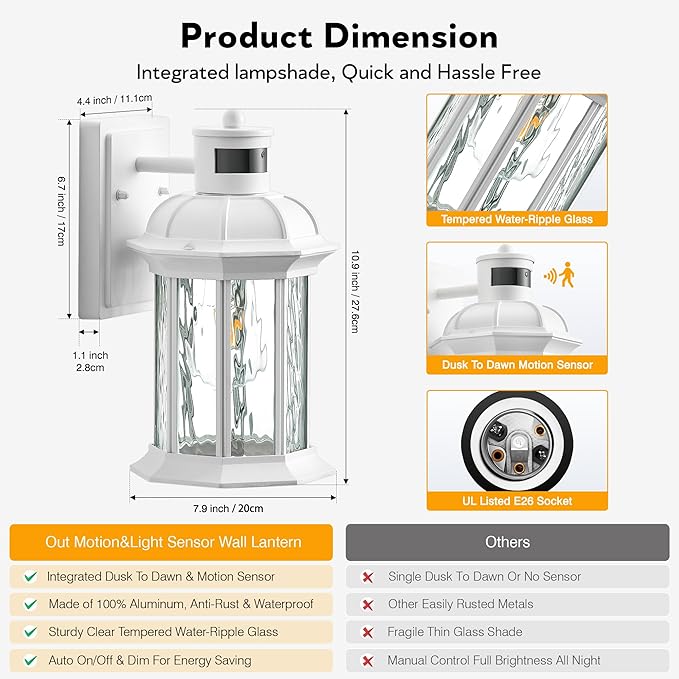 VIANIS White 2-Pack Motion Sensor Porch Lights Outdoor Modern Exterior Lighting Fixtures Wall Mount for House Anti-Rust Waterproof Outdoor Sconce Lights with Water Ripple Glass Front Door Light