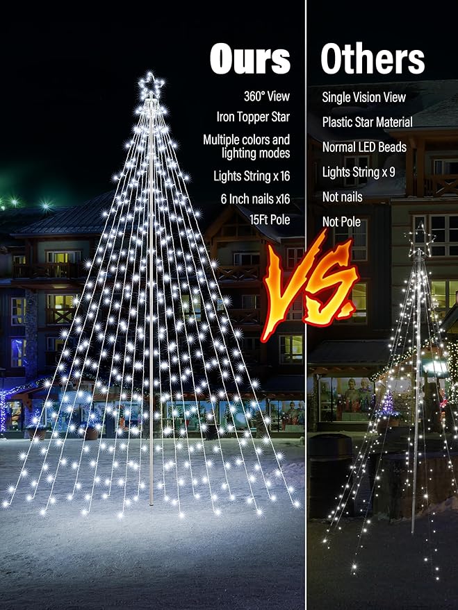 Flacchi Christmas Outdoor Star String Lights - Pole Set with Remote Multiple Lighting Modes Timer and Waterproof Feature (Cool White&ampMulticolor 16FT/664LED)
