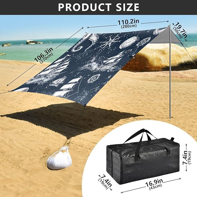 Vintage Nautical Theme Beach Tent Sun Shelter 9.2' x 10.5' Beach Canopy with 4 Sandbags 4 Stability Poles Sand Shovels - Tent Canopy for Beach Camping Fishing Picnics