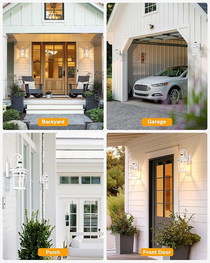 Motion Sensor Outdoor Wall Lantern White Outdoor Lighting Fixtures Wall Mount Dusk to Dawn Exterior Sconce Lights with Beveled Glass Waterproof Exterior Front Porch Lights for Garage Coach