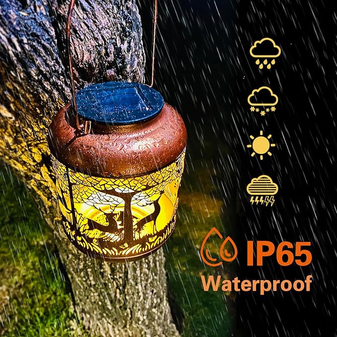2 Pack Deer Solar Lanterns Outdoor Waterproof Hanging Solar Lights Deer Gifts for Women Men Metal Decorative LED Lanterns for Yard Patio Lawn Tabletop Pathway Landscape Garden Decor
