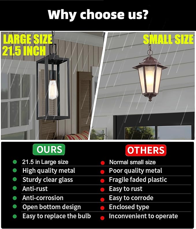 21.5 in Large Size Front Porch Pendant Light Fixture - Outdoor Hanging Light for Patio Entrance Porch Hanging Lantern Exterior Pendant Front Door E26 Base