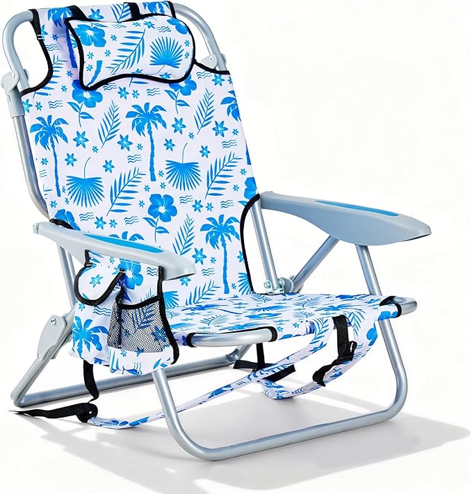 Portable Beach Chair for Adults Outdoor Camping Chair Lay Flat Folding Backpack Beach Reclining Chair with 5 Positions Headrest Cup Holder Heavy Blue Coconut Tree