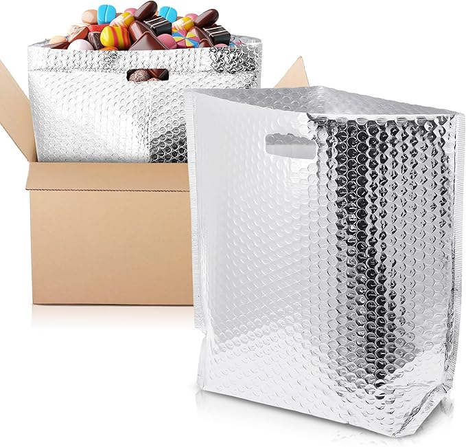 APQ Insulated Foil Bag With Handles 6 x 6 x 6 Inches. 10 Pack Thermal Bags for Frozen Food. Metallized Foil Box Liners With Bubble Cushion. Shipping Bags for Food Cosmetics