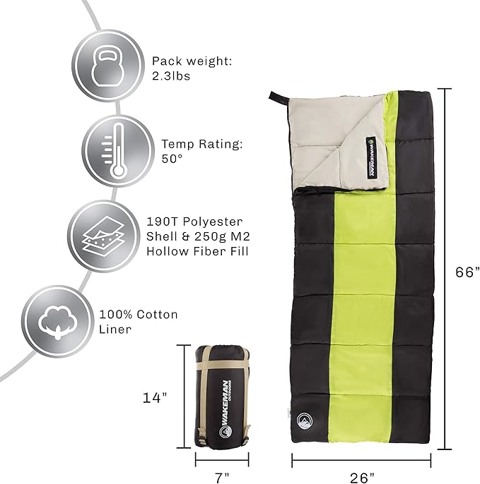 Kids Sleeping Bag - Lightweight Carrying Bag with Compression Straps for Camping Backpacking and Sleepovers by Wakeman Outdoors (Neon Green/Black)