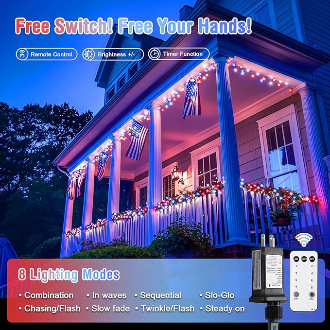 JMEXSUSS 400 LED Red White and Blue Lights Plug in 4th of July Decorations Patriotic Lights Outdoor for American Holiday Tree Party Independence Memorial Day Decor