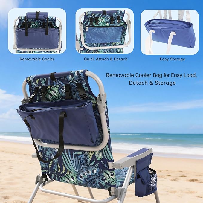 SUNNYFEEL Low Beach Chairs for Adults 5 Position Lay Flat Portable Folding Backpack Beach Chair Heavy Duty with Cooler Bag Cup Holder for Outdoor/Lawn/Picnic Foldable Camping Chair