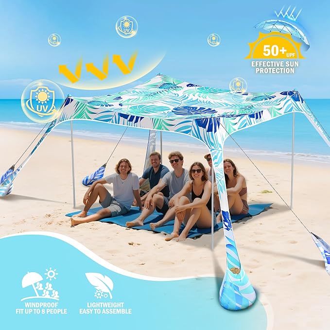 2PM SPORTS Beach Tent Canopy with UPF50+ UV Protection Outdoor Large Beach Sun Shade Shelter for Family Picnic Camping Travel Shore Fishing 8 Sandbags Sand Shovel (Leaf 10x10 FT)