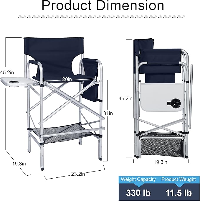ABCCANOPY Folding Tall Directors Chair Outdoor Camping Chair Makeup Artist Chair with Side Table &amp Pockets Navy Blue