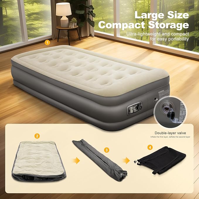 LET'S CAMP Air Mattress Camping Airbed with Electric Pump 19 Twin Inflatable 2 Minutes Quick Self-Inflation Waterproof PVC Fabric Portable for CampingTravel Home Sleeping Outdoor Guests RV