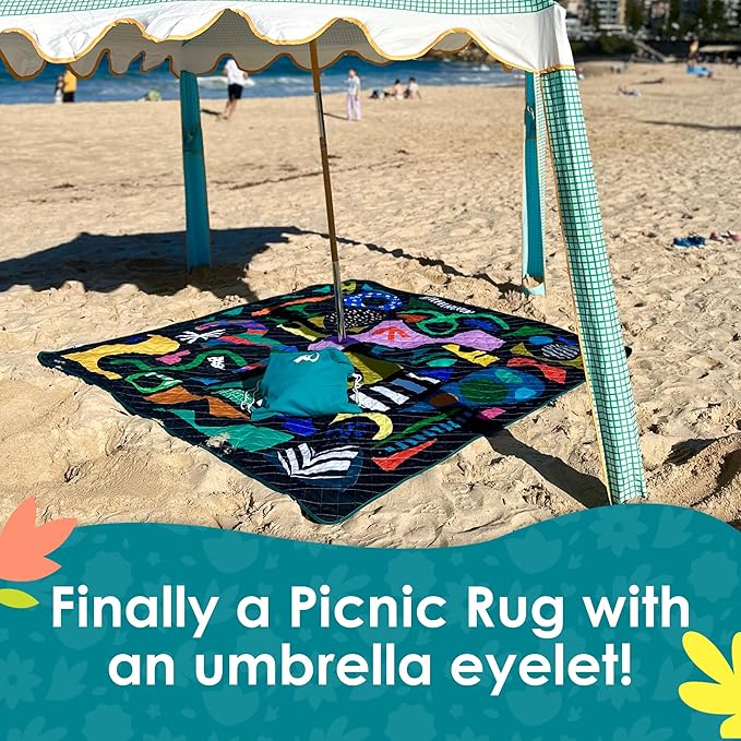 Rudie Nudie Jumbo Beach Mat with Umbrella Hole 6'7 x 6'7 Waterproof Sandproof Picnic Blanket Large Foldable Sand Free Beach Blankets for Park Outdoor Portable Picnic Mat for Grass Sand &amp Law
