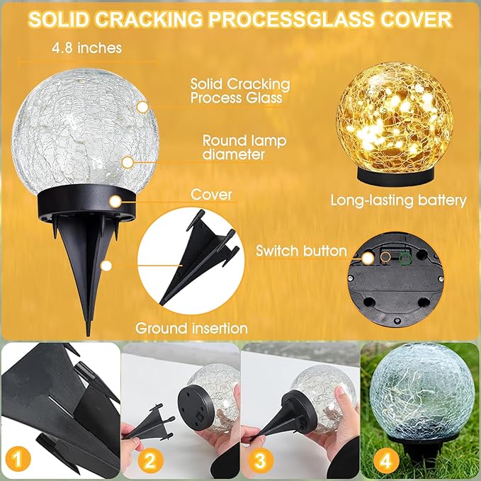 Solar Globes Outdoor Waterproof 4.88''Cracked Glass Solar Lights Outdoor Bright Up to 14HIP65 Waterproof Globe Light for WalkwayPatioLandscapePathGarden Warm White (4)