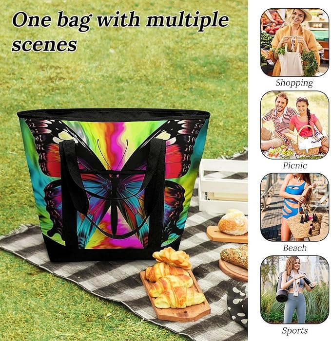 Insulated Shopping BagLarge Reusable Cooler Bags Colorful Butterfly Printed Foldable Shopping BagTravel Waterproof Shoulder Bag