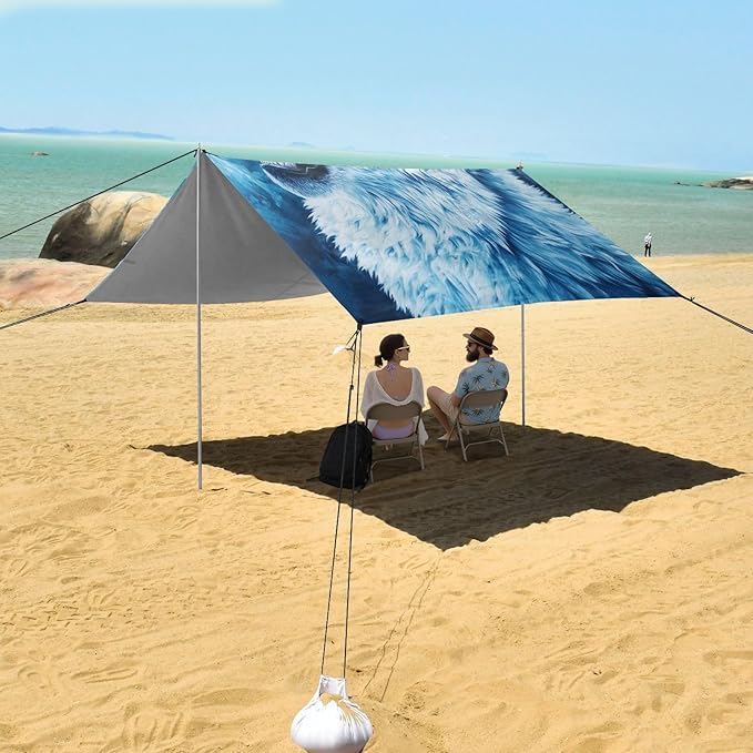 ALAZA Ice Wolf Howling Beach Tent Sun Shelter UPF50+ Protection Beach Shade Canopy w/ 4 Sandbags for Outdoor Camping Fishing Backyard Fun Picnic 10x9 ft