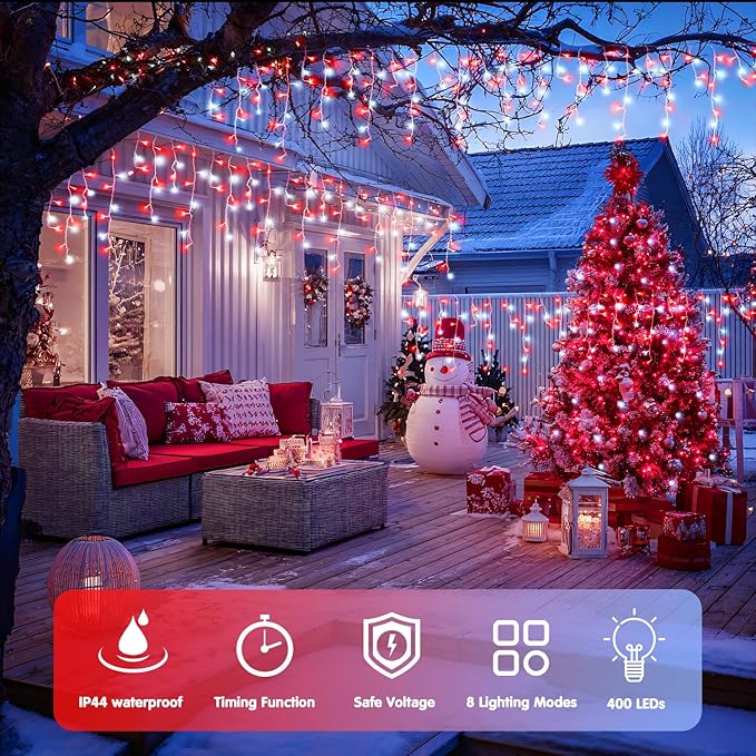 JMEXSUSS 38.8 Ft 400 LED Icicle Christmas Lights for Outside 8 Modes Red and White Icicle String Lights Plug in with Remote Christmas Lights Indoor Outdoor for Halloween Party Christmas Decoration