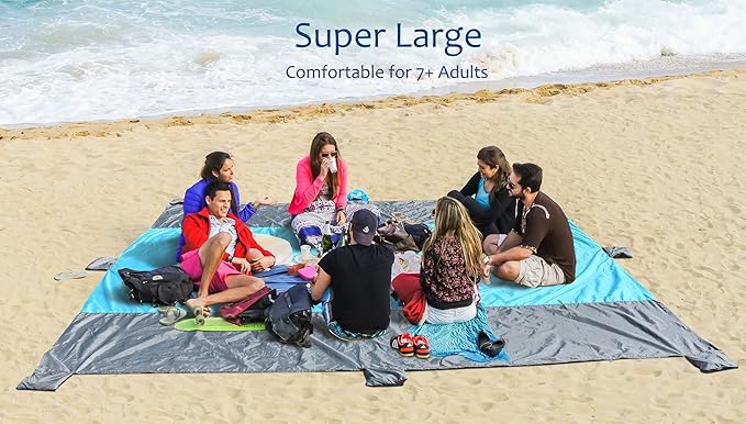Beach Blanket Sandfree 10x9 ft Extra Large Size Waterproof Sandproof Travel Map for 7 Adults Outdoor Portable Accessories Camping Hiking Mat W/ 7 sand pockets 1 storage Pockets &amp Inflatable Pillo