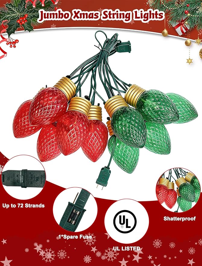 Jumbo Christmas Lights 16FT Giant Christmas Lights with 10 5'' LED Red Green Giant Strawberry Bulbs C7 Hanging Xmas Light for Patio Garden Party Outdoor Xmas Decorations