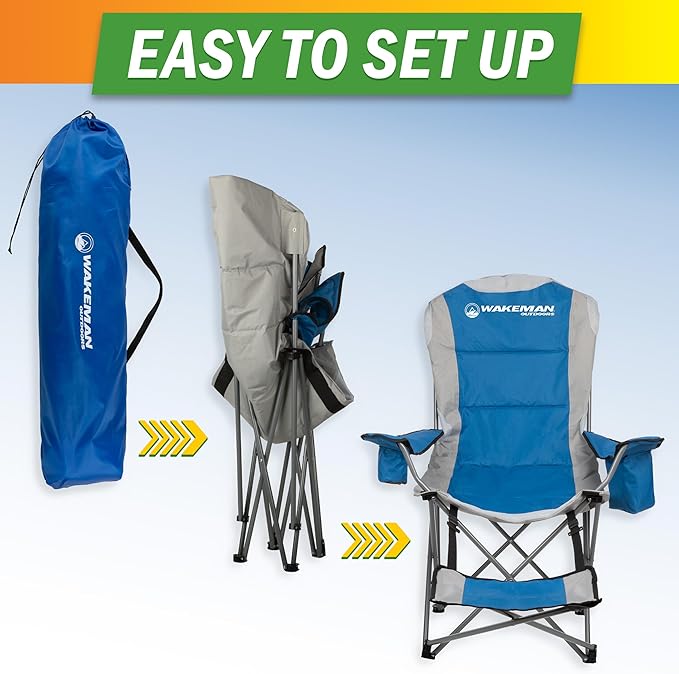 Camping Chair with Foot Rest - 300lb Capacity Beach Chair with Footrest Cupholder and Cooler Pouch - Portable Chair by Wakeman Outdoors (Blue)