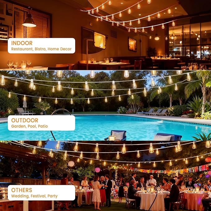 LED Outdoor String Lights 50ft ST38 White Waterproof Patio Lights with 25 Vintage Shatterproof Bulbs(2 Spare)