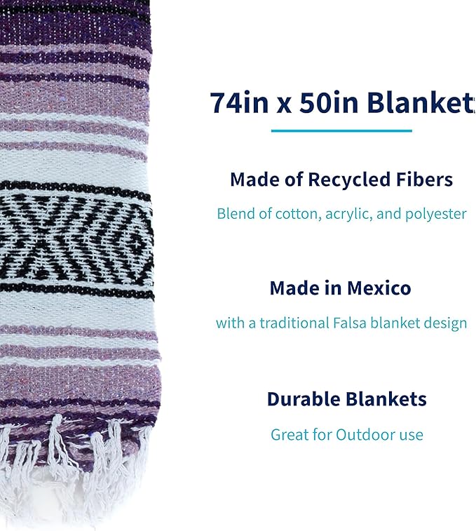 La Montana Mexican Blankets and Throws 4 Pack 74x50 - Made in Mexico Lightweight Yoga Blanket for Schools Studios Outdoors Camping Picnic Decor - Washable Dark Purple/Light Purple/White