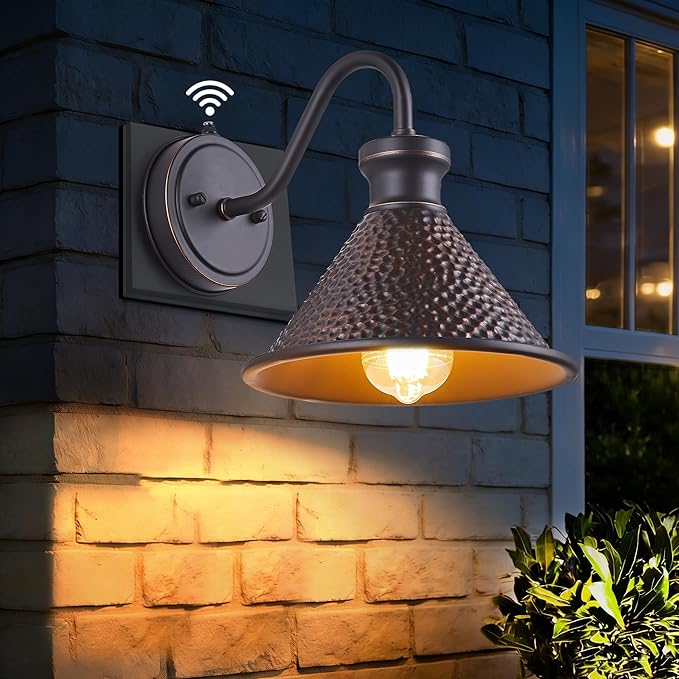 Dusk to Dawn Outdoor Gooseneck Wall Sconce with Dark Sky Cast Hammered Aluminum Shade in Oil Rubbed Bronze FinishAnti-Rust Waterproof Outdoor Light for Farmhouse Porch Garage1-Light E26