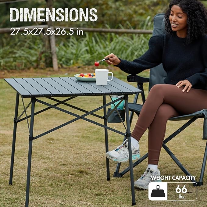 Portal Lightweight Aluminum Folding Square Table Roll Up Top 4 People Compact Table with Carry Bag for Camping Picnic Backyards BBQ Dark Gray