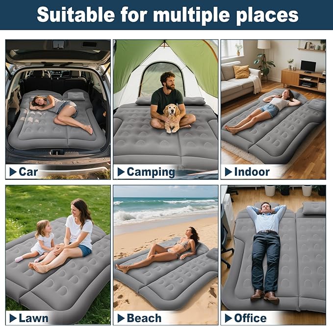 SUV Air Mattress for Camping Air Mattress for Car Compatible with SUV Camping Bed with Pump Inflatable Sleeping Pad for Car Backseat Truck Travel Bed for Road Trip (Grey)