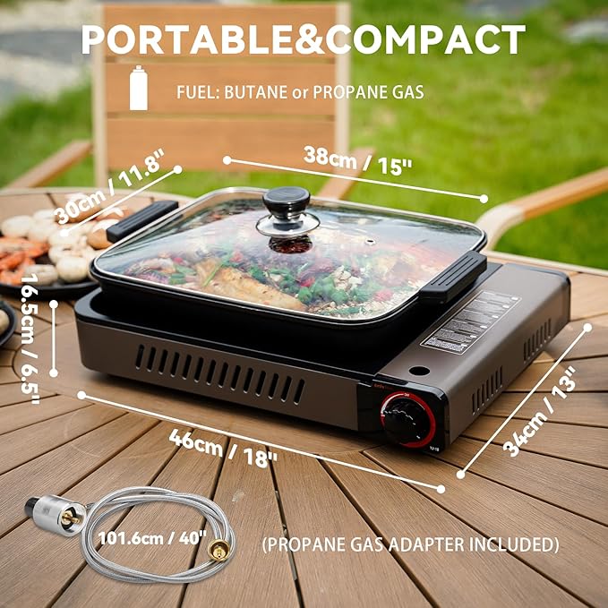 ONLYFIRE OUTDOOR LIVING Portable Propane Gas Stove with Grill Pan and Lid Butane Camping Stove Instant Ignition for Patio Backyard Home Cooking Camping RV Tailgating Emergency Use GS349