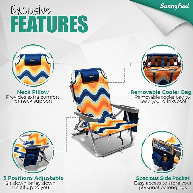 SUNNYFEEL Beach Chairs for Adults 2 Pack 5 Position Lay Flat Portable Folding Backpack Beach Chair Heavy Duty with Cooler Bag Cup Holder for Outdoor/Lawn/Picnic Foldable Camping Chair