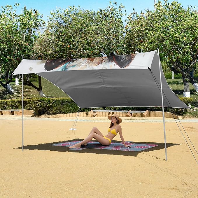 ALAZA Wolf Head Painting Beach Tent Sun Shelter UPF50+ Protection Beach Shade Canopy w/ 4 Sandbags for Outdoor Camping Fishing Backyard Fun Picnic 10x9 ft