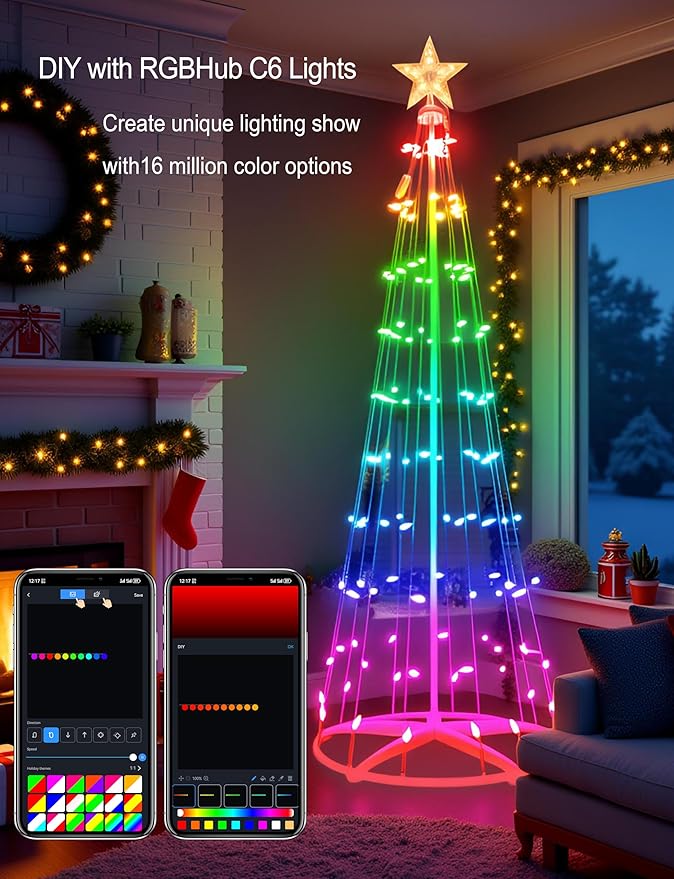 7ft Smart RGB Outside Christmas Tree Lights App Remote-Controlled C6 Shaped Christmas Light Cone Tree with Music Sync 57 Lighting Effects + DIY Mode Easy install Outdoor Xmas New Year Yard Decor