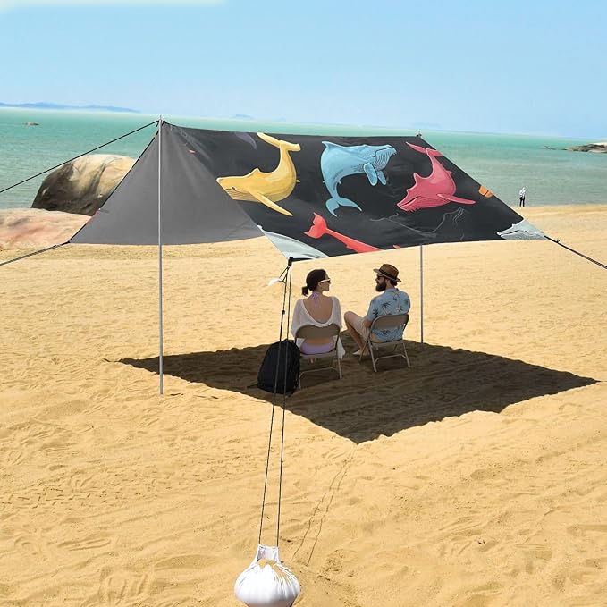 ALAZA Colorful Whale Beach Tent Sun Shelter UPF50+ Protection Beach Shade Canopy w/ 4 Sandbags for Outdoor Camping Fishing Backyard Fun Picnic 10x9 ft