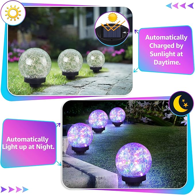 2-Pack Garden Solar Lights Outdoor Colored Cracked Glass Ball Light Waterproof Decorative Solar Powered Globe Lighting Multicolor for Yard