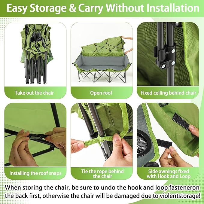 3 Person Camping Chair with Canopy Shade 700lbs Heavy Duty Oversized Beach Camping Chair with Thick Cushion Cup Holder and Carry Bag Foldable Portable Sofa for Lawn Beach Outdoor(Green)