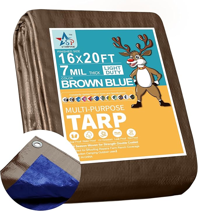 STARPYNG-7 Mil Brown/Blue 16x20 Feet Tarp-Multifunctional Waterproof Tarpaulin-Waterproof UV Resistant Rip and Tear Resistant Poly Tarpaulin with Reinforced Edges for Cover