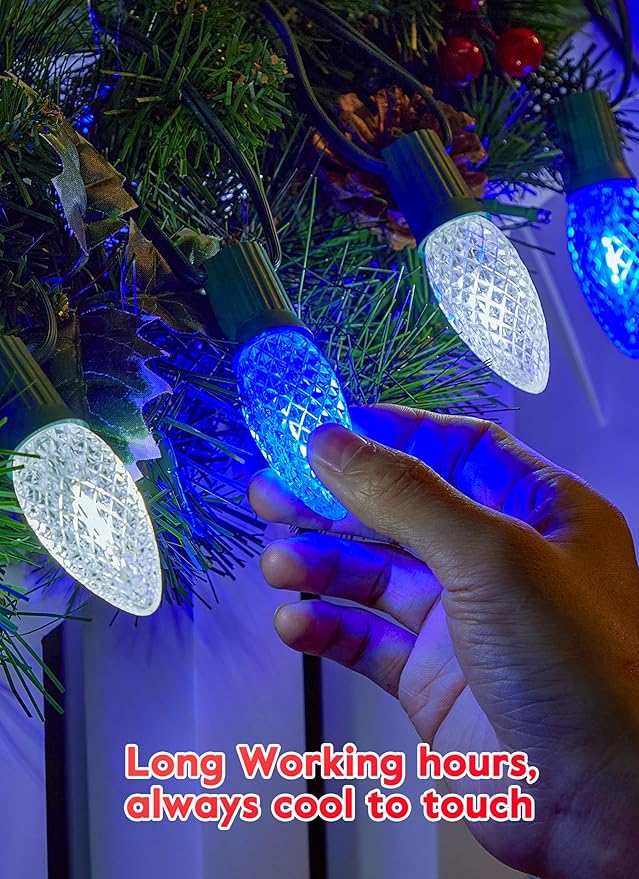 Minetom 100 Feet Led Christmas LightsBlue White C9 Christmas String Lights Outdoor 100 Strawberry Bulbs Connectable UL Certified for Indoor Outdoor Roofline Patio Holiday Party Backyard Xmas Decor